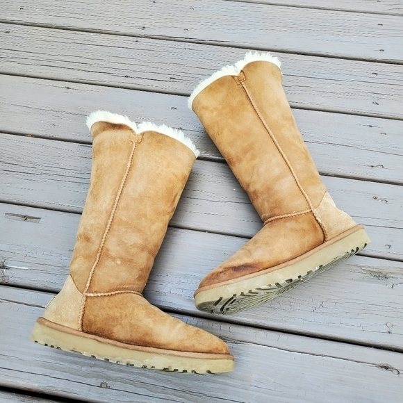 UGG Bailey Button Triplet Chestnut Suede Sheepskin Shearling Tall Fold Over Boot - Picture 4 of 10